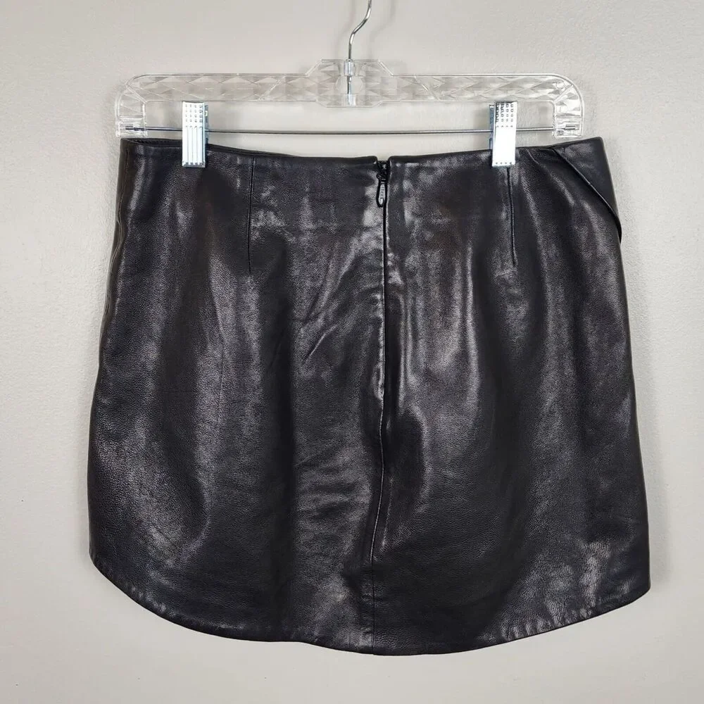 MICHELLE MASON | Leather Mini Skirt With Slit Sz 4 Black Asymmetrical Zip Staple - Picture 5 of 13